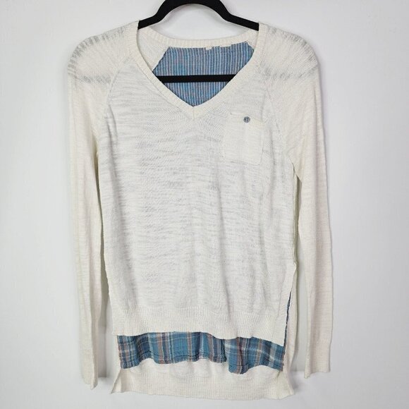 Anthropologie Moth V Neck Plaid Shirt Hem Sweater Layered Linen Blend Small? - Picture 4 of 12